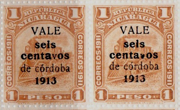 Nicaragua stamps 1913 surcharges Locomotive 6c / 1 Peso Large and small v in 'centavos'